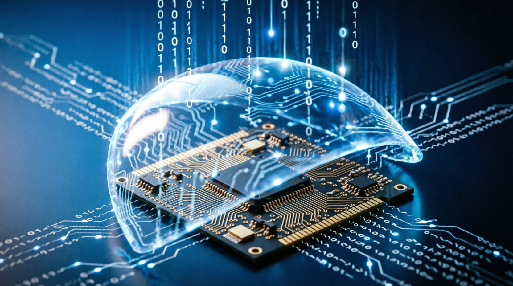 A futuristic digital shield protecting a circuit board with binary code flowing in the background representing cyber security